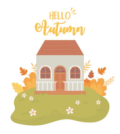 hello autumn nature scene, house leaves bush flowers grass landscape cartoon vector illustrationのイラスト素材