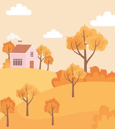 landscape in autumn nature scene, countryside house rural trees bushes panoramic vector illustrationのイラスト素材