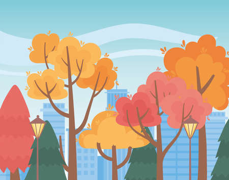 landscape in autumn nature scene, park trees lamps and cityscape vector illustrationのイラスト素材