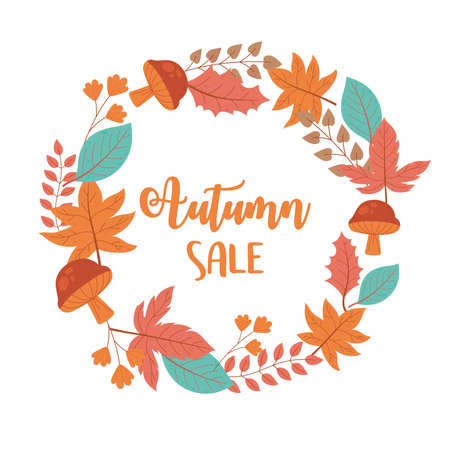 autumn sale, foliage leaves wreath decoration, shopping sale or promo poster vector illustrationのイラスト素材