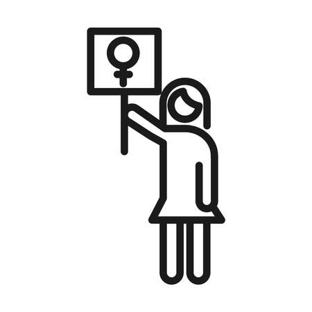 feminism movement icon, woman with gender sign in placard, female rights pictogram line style vector illustrationのイラスト素材