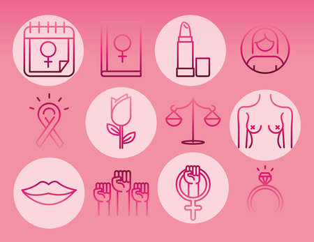 feminism movement icon, female rights freedom pictogram line icons set vector illustrationのイラスト素材