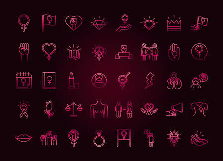 feminism movement icon, pink background female rights pictogram line icons set vector illustrationのイラスト素材