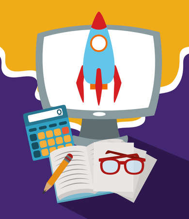 back to school, computer book paper calculator pencil and glasses elementary education vector illustrationのイラスト素材