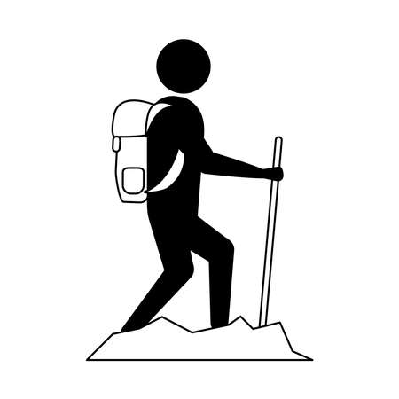 summer vacation travel, traveler man walking with backpack and stick line icon style vector illustrationのイラスト素材