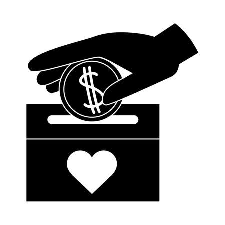 charity and donation hand with coin in box pictogram silhouette style icon vector illustrationのイラスト素材