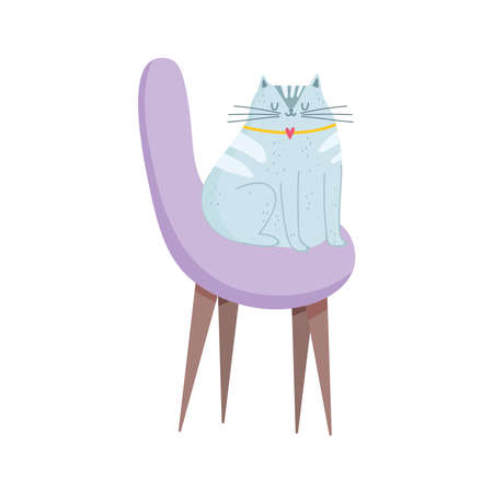 gray cat sitting on purple chair furniture isolated design white background vector illustrationのイラスト素材