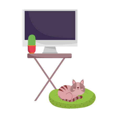 workspace table with computer screen cactus and cat in cushion isolated design white background vector illustrationのイラスト素材