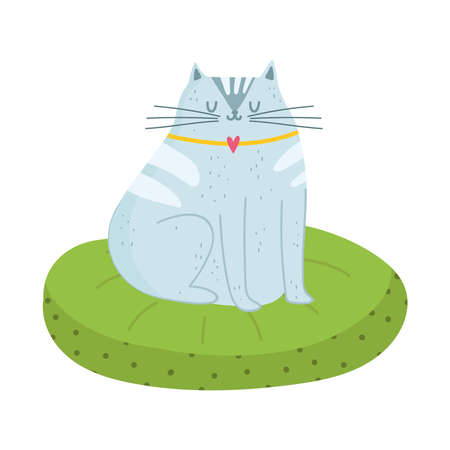 gray cat sitting on green cushion isolated design white background vector illustrationのイラスト素材