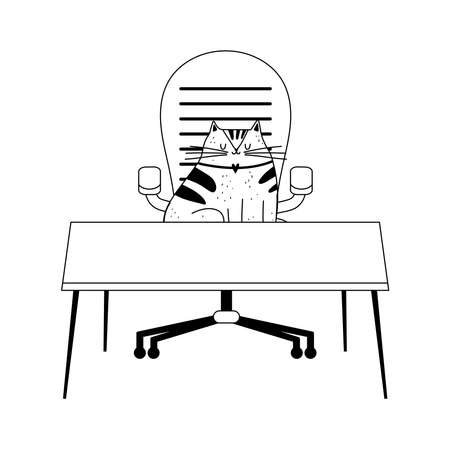 workspace cat on chair and desk isolated icon line style vector illustrationのイラスト素材