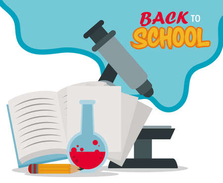 back to school, microscope book pencil and laboratory flask elementary education vector illustrationのイラスト素材