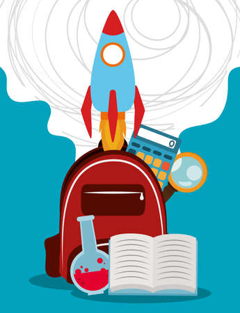 back to school, backpack magnifier calculator book and chemistry test tube elementary education vector illustrationのイラスト素材