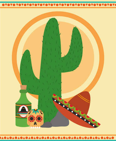 mexican independence day, cactus hat tequila skull catrina festival traditional, celebrated on september vector illustrationのイラスト素材