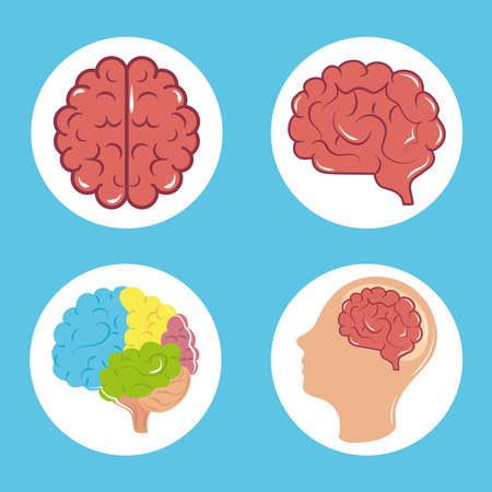 mental health day, psychology medical treatment human brain profile, block icons vector illustrationのイラスト素材