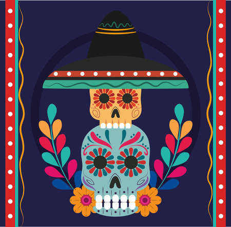 mexican independence day, traditional catrinas skull with flowers and hat, celebrated on september vector illustrationのイラスト素材