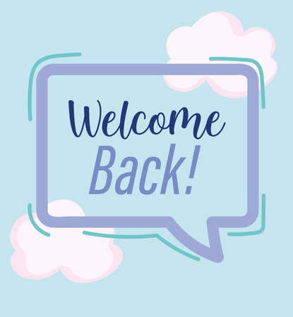 reopening, welcome back speech bubble inscription, clouds sky background vector illustrationのイラスト素材