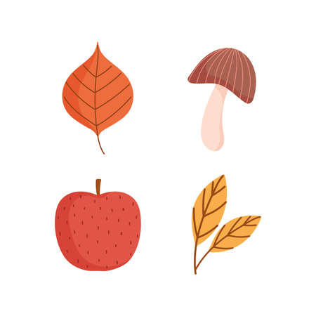 hello autumn, fresh apple fruit mushroom leaves foliage icons vector illustrationのイラスト素材