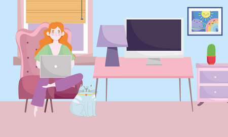 home office workspace, woman with laptop cat drawers cactus lamp computer and window vector illustrationのイラスト素材
