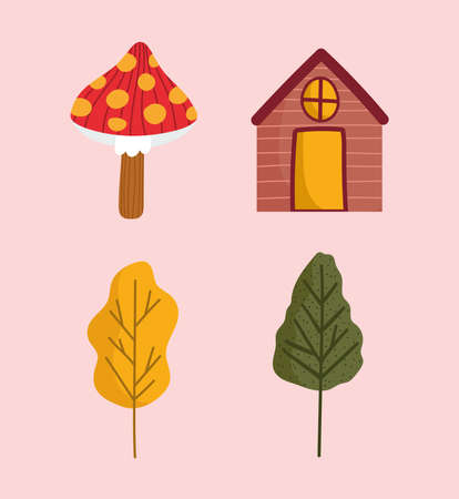 hello autumn wooden cottage mushroom foliage nature icons vector illustrationのイラスト素材