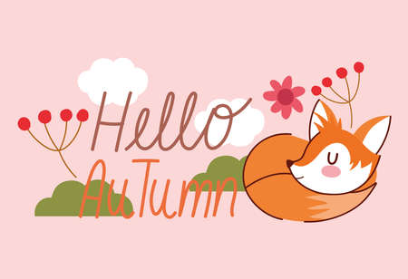 hello autumn, cute fox animal flowers bushes clouds cartoon banner vector illustrationのイラスト素材