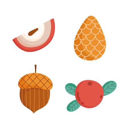 hello autumn pinecone fruit acorn season icons vector illustrationのイラスト素材