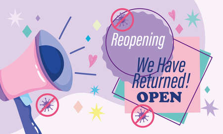 reopening, we have returned open message text megpahone advertising vector illustrationのイラスト素材