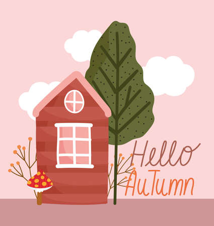 hello autumn, countryside vintage house tree mushroom leaves cartoon vector illustrationのイラスト素材