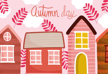hello autumn village houses branches dry foliage background vector illustrationのイラスト素材
