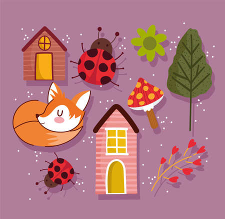 hello autumn, set icons season cottage fox flower tree ladybug mushroom and berries vector illustrationのイラスト素材