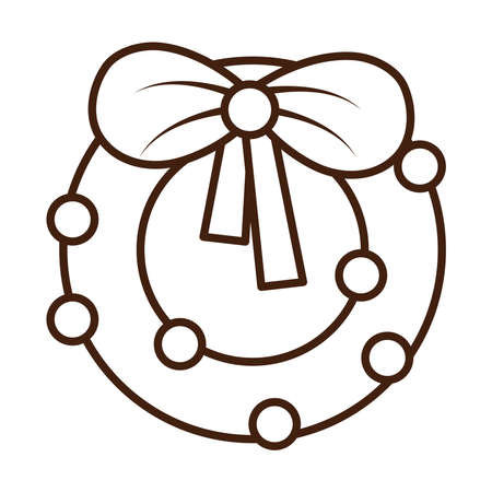 happy merry christmas, wreath with balls and bow decoration, celebration festive celebration festive linear icon style vector illustrationのイラスト素材