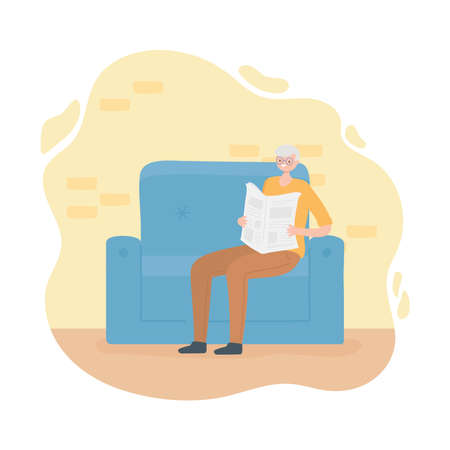 activity seniors, elderly woman reading newspaper sitting on sofa in room vector illustrationのイラスト素材