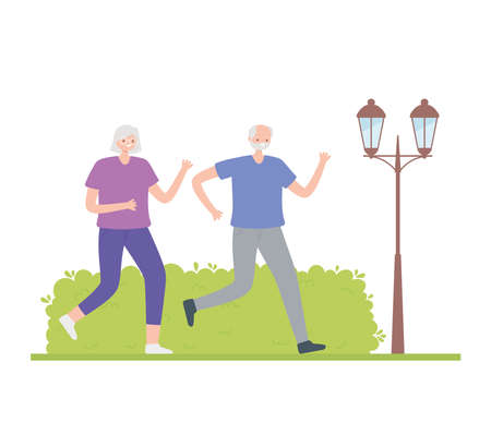activity seniors, happy older couple walking activity sport in the street vector illustrationのイラスト素材