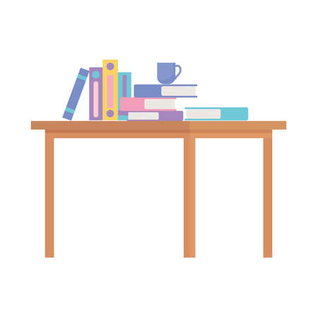 workspace office table with many books and coffee cup isolated design white background vector illustrationのイラスト素材