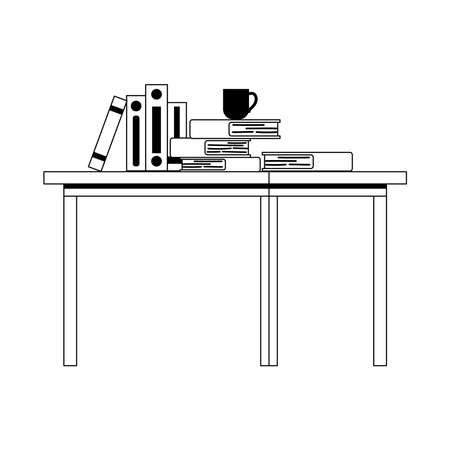 workspace office table with many books and coffee cup isolated design white background vector illustration line styleのイラスト素材