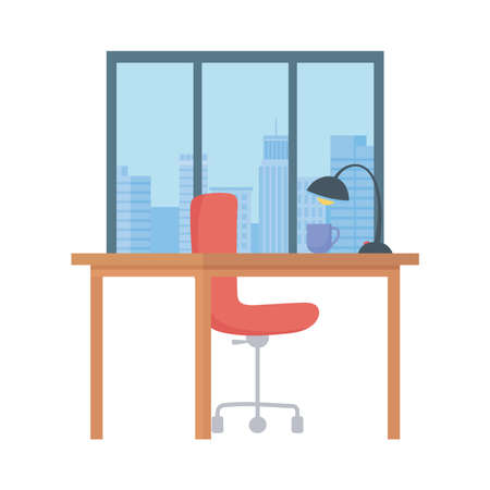 workspace office desk lamp chair and window isolated design white background vector illustrationのイラスト素材