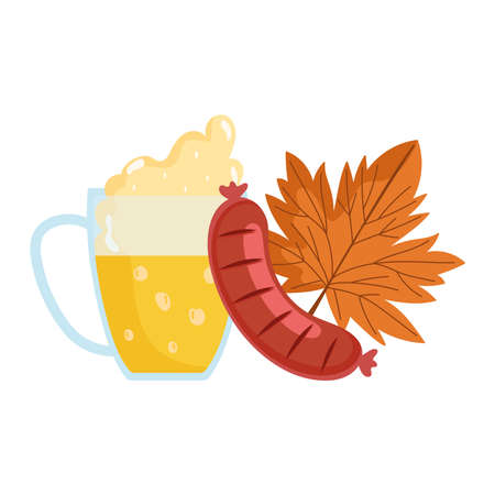 oktoberfest festival, sausage beer and maple leaf, celebration germany traditional vector illustrationのイラスト素材