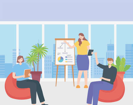 coworking, woman reports standing near presentation board and business people meeting vector illustrationのイラスト素材