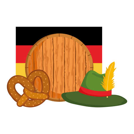 oktoberfest festival, barrel hat flag and pretzel, celebration germany traditional vector illustrationのイラスト素材