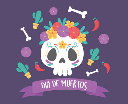 day of the dead, skull catrina flowers bones cactus decoration, mexican celebration vector illustrationのイラスト素材