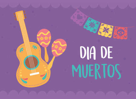 day of the dead, mexican celebration maracas and guitar instruments vector illustrationのイラスト素材