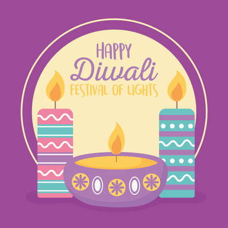 happy diwali festival, diya lamps with candles celebration, vector design vector illustrationのイラスト素材