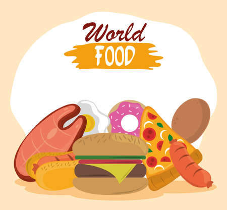 world food day, fast food burger pizza hot dog sausage donut vector illustrationのイラスト素材