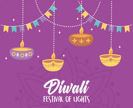 happy diwali festival, hanging diya lamps candles decoration traditonal, vector design vector illustrationのイラスト素材