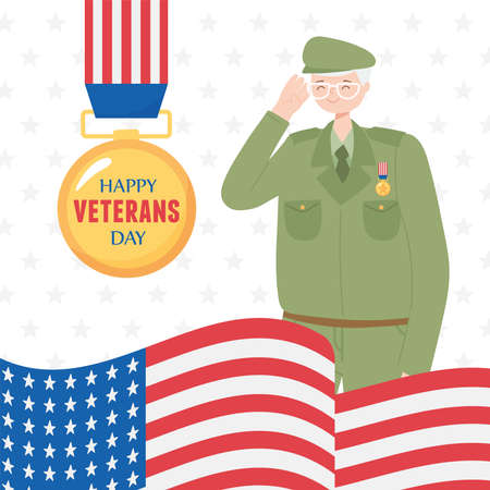 happy veterans day, US military armed forces soldier medal and american flag vector illustrationのイラスト素材