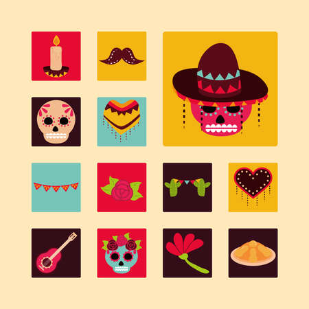 day of the dead, mexican celebration decoration ornament block and flat icons flat style vector illustrationのイラスト素材