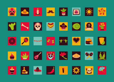 day of the dead, mexican celebration decoration ornament traditional block and flat style collection icons vector illustrationのイラスト素材