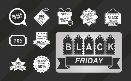 black friday, set of icons special offer season with shadows silhouette style vector illustrationのイラスト素材