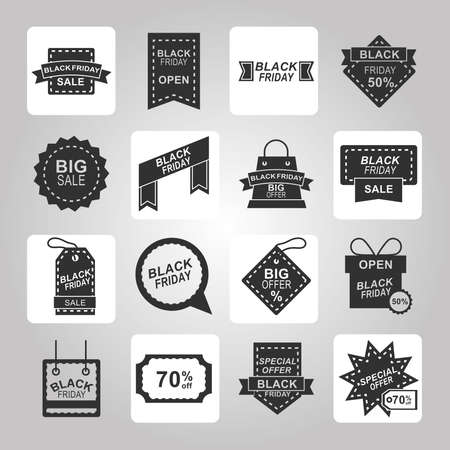 black friday, sale offer discount collection icons white and dark layout silhouette style vector illustrationのイラスト素材