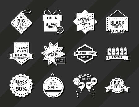 black friday, announce season discount offer icons on dark background silhouette style vector illustrationのイラスト素材