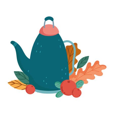 autumn teapot fruits leaves isolated design white background vector illustrationのイラスト素材